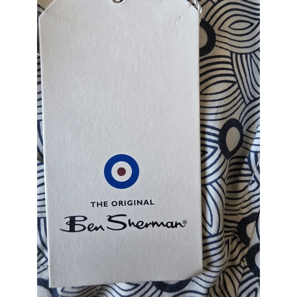 NWT Ben Sherman Button-Up Shirt Mens L Blue White Geometric Short Sleeve Cotton